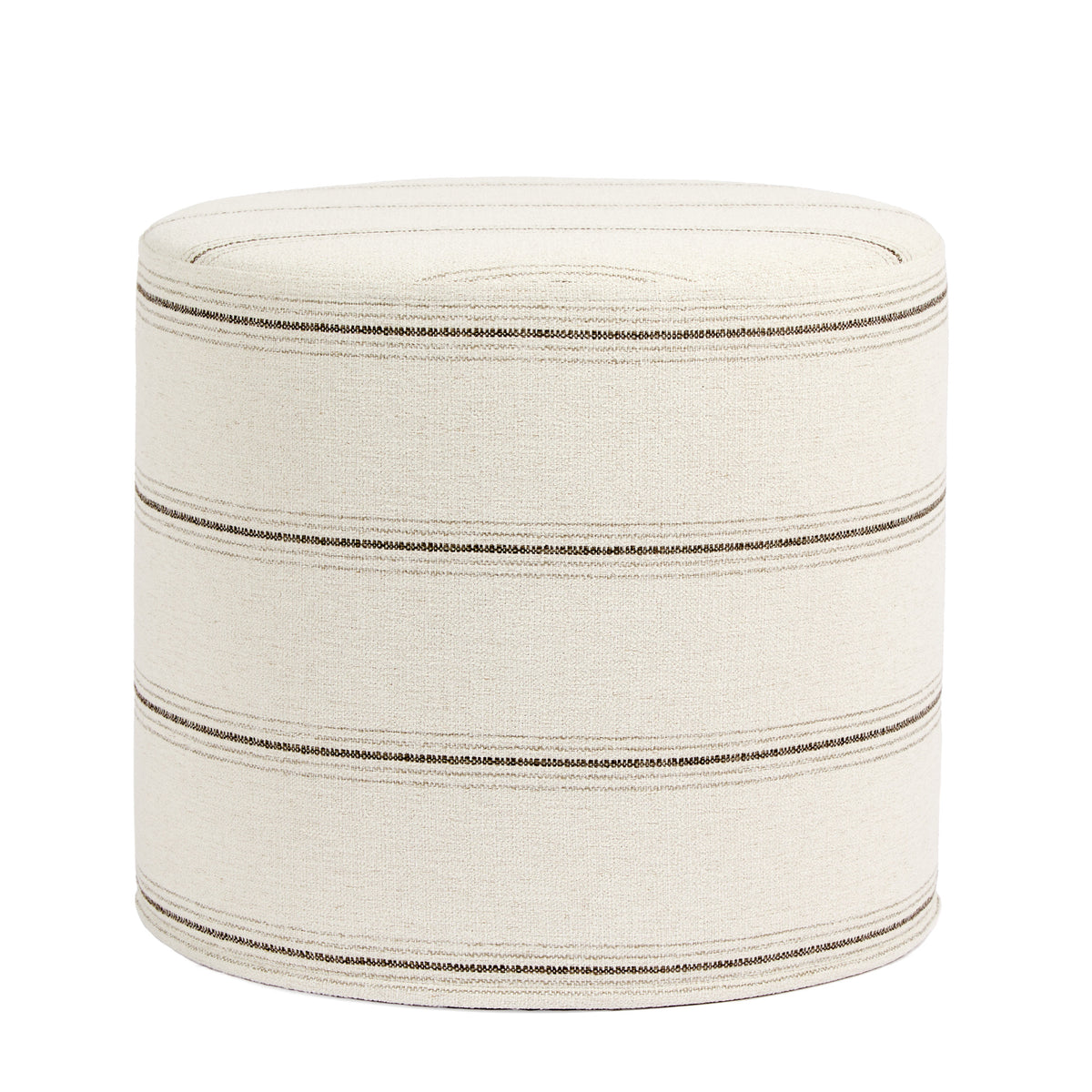 Tonic Living Gibson Stripe 18x16 Round Ottoman in Birch, a beige and brown striped upholstered ottoman.