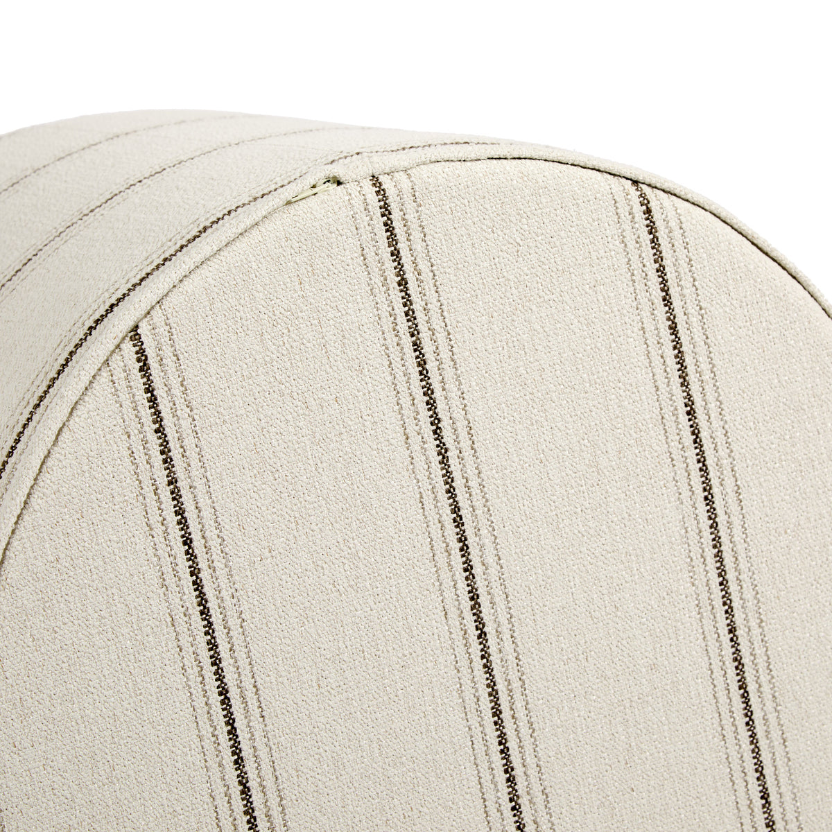 Bottom view of Tonic Living Gibson Stripe Birch round ottoman showing the concealed zipper and striped upholstery.
