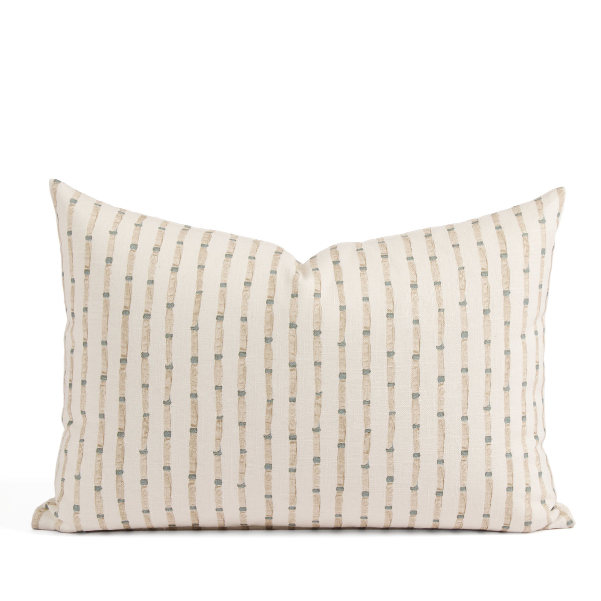 Tonic Living Hadley Stripe 14x20 Lumbar Pillow in Mist, a blue, warm brown, and off-white striped lumbar pillow with a bamboo-inspired pattern.