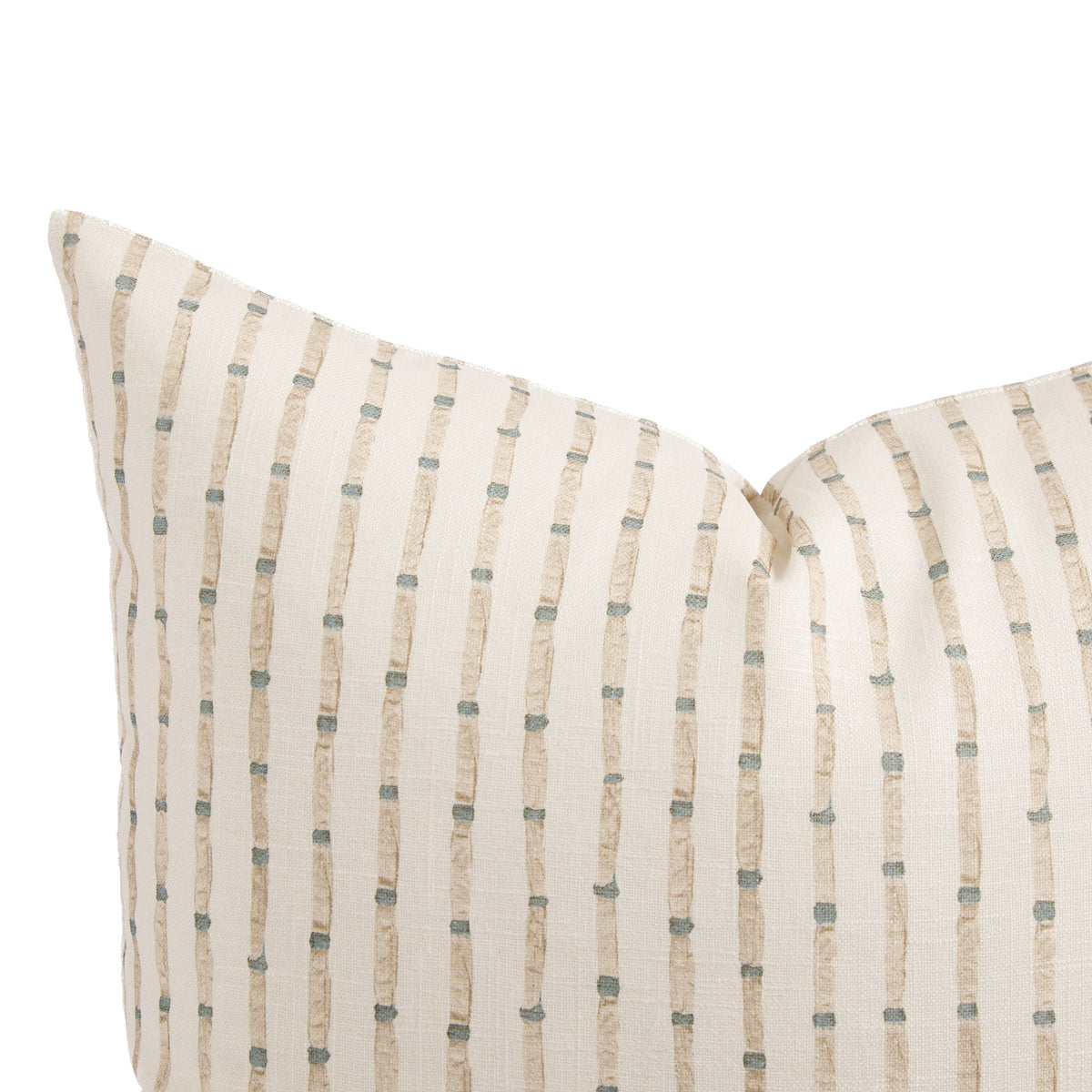 Close up of Tonic Living Hadley Stripe Mist pillow showing a blue and warm brown bamboo-inspired stripe on off-white.