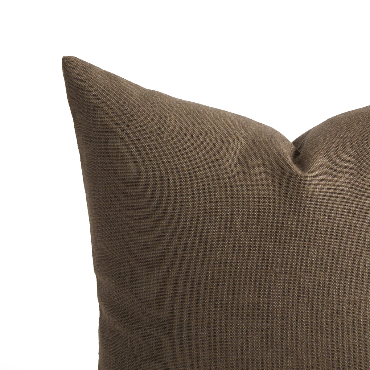 Close up of Tonic Living Hampton Walnut pillow showing its smoky dark brown colour and linen-inspired woven texture.
