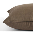 Side zipper detail of Tonic Living Hampton 22x22 pillow in smoky walnut brown with a linen-inspired texture.