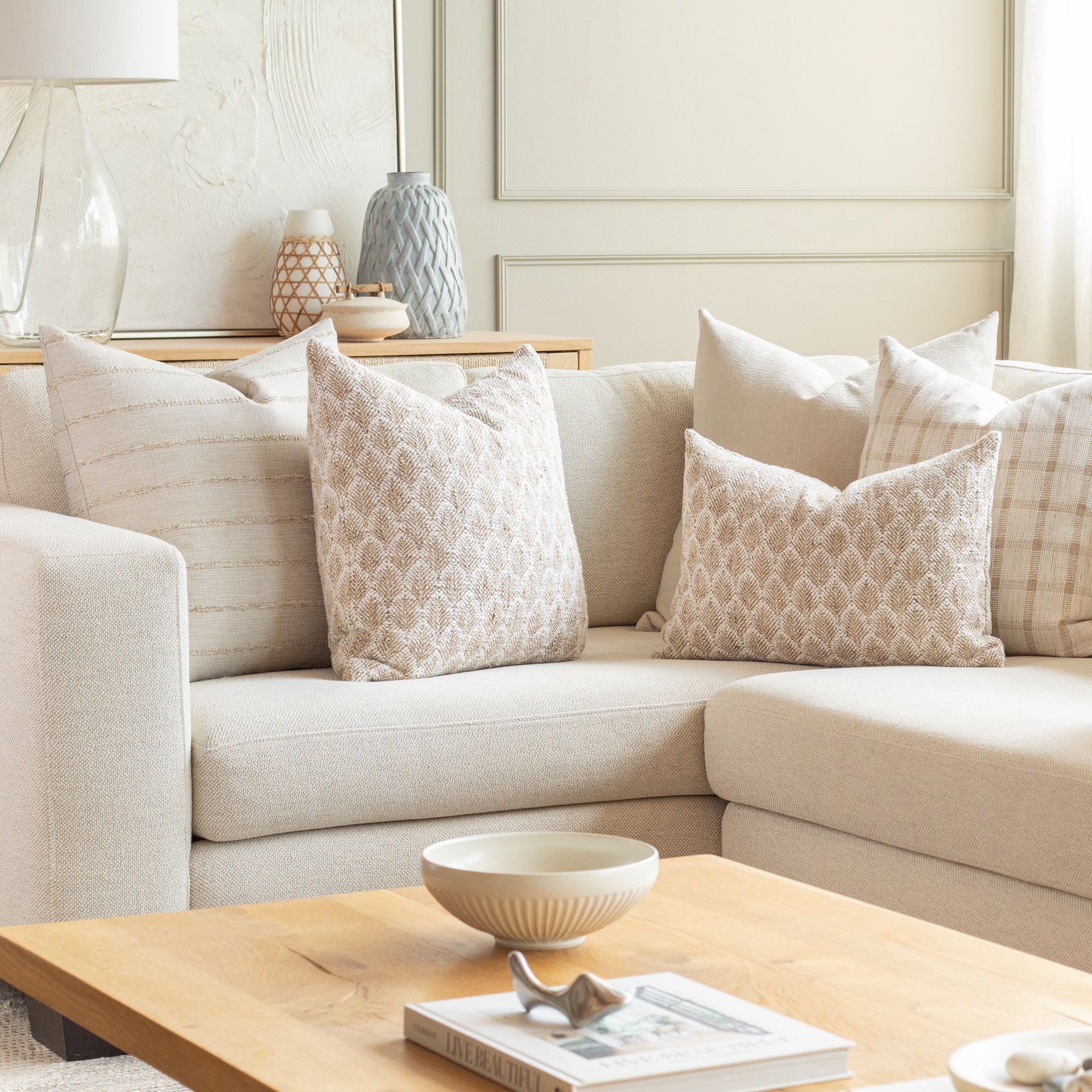 Earthy Pink and Cream Sofa Pillow Pairing