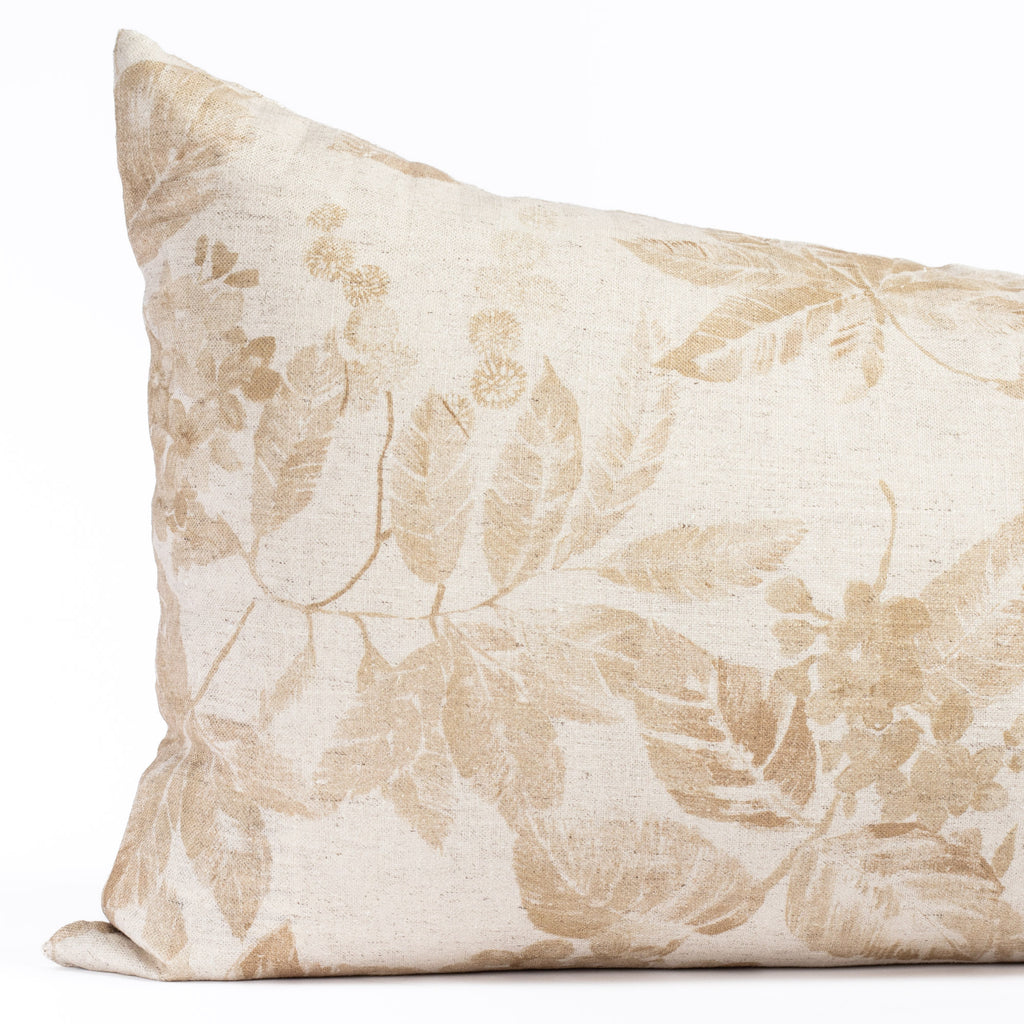 an ochre brown and oatmeal vintage floral lumbar pillow