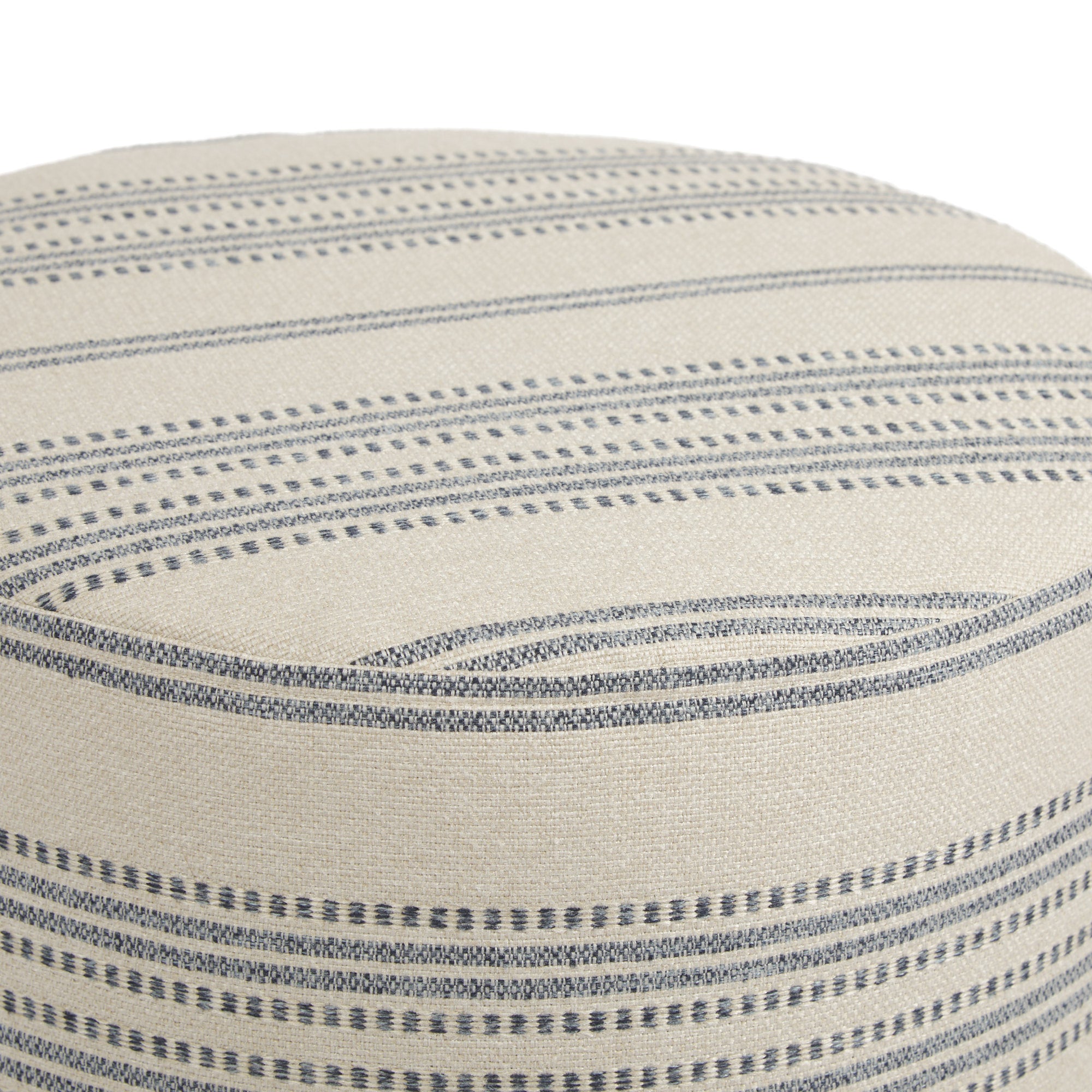Top view of Tonic Living Hopper Stripe round ottoman highlighting its layered horizontal stripe pattern in blue tones.