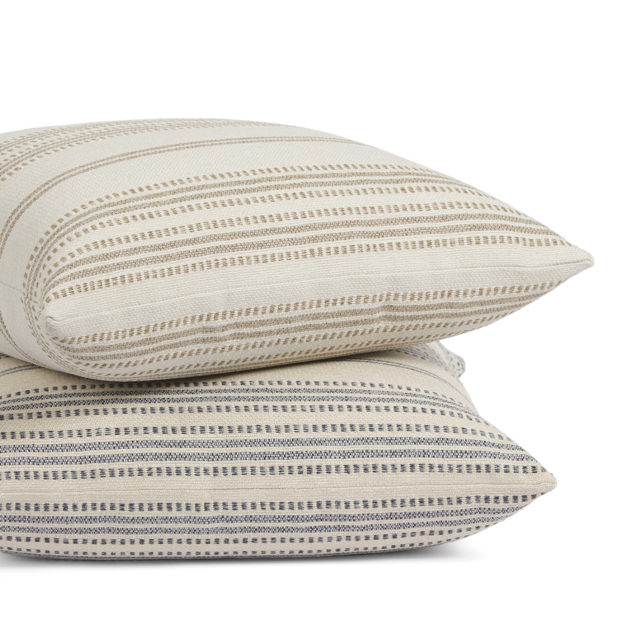 Tonic Living Hopper Stripe pillow collection in Denim and Toffee featuring layered stripe pillows in blue and brown tones.