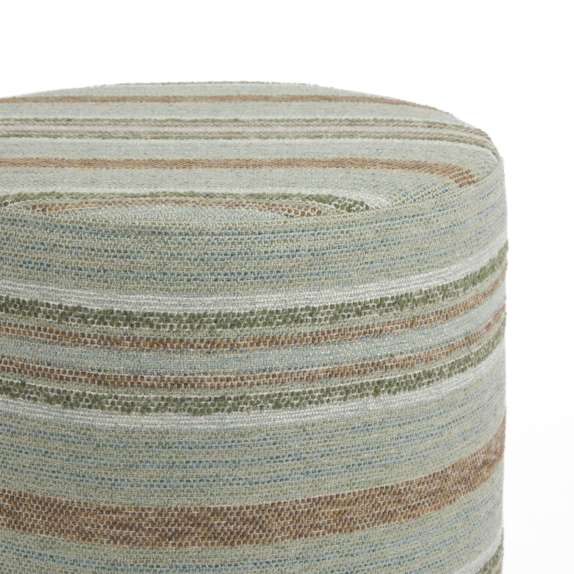 Close up of Tonic Living Indie Stripe round stool showing green, teal, brown, and white woven stripe detail.