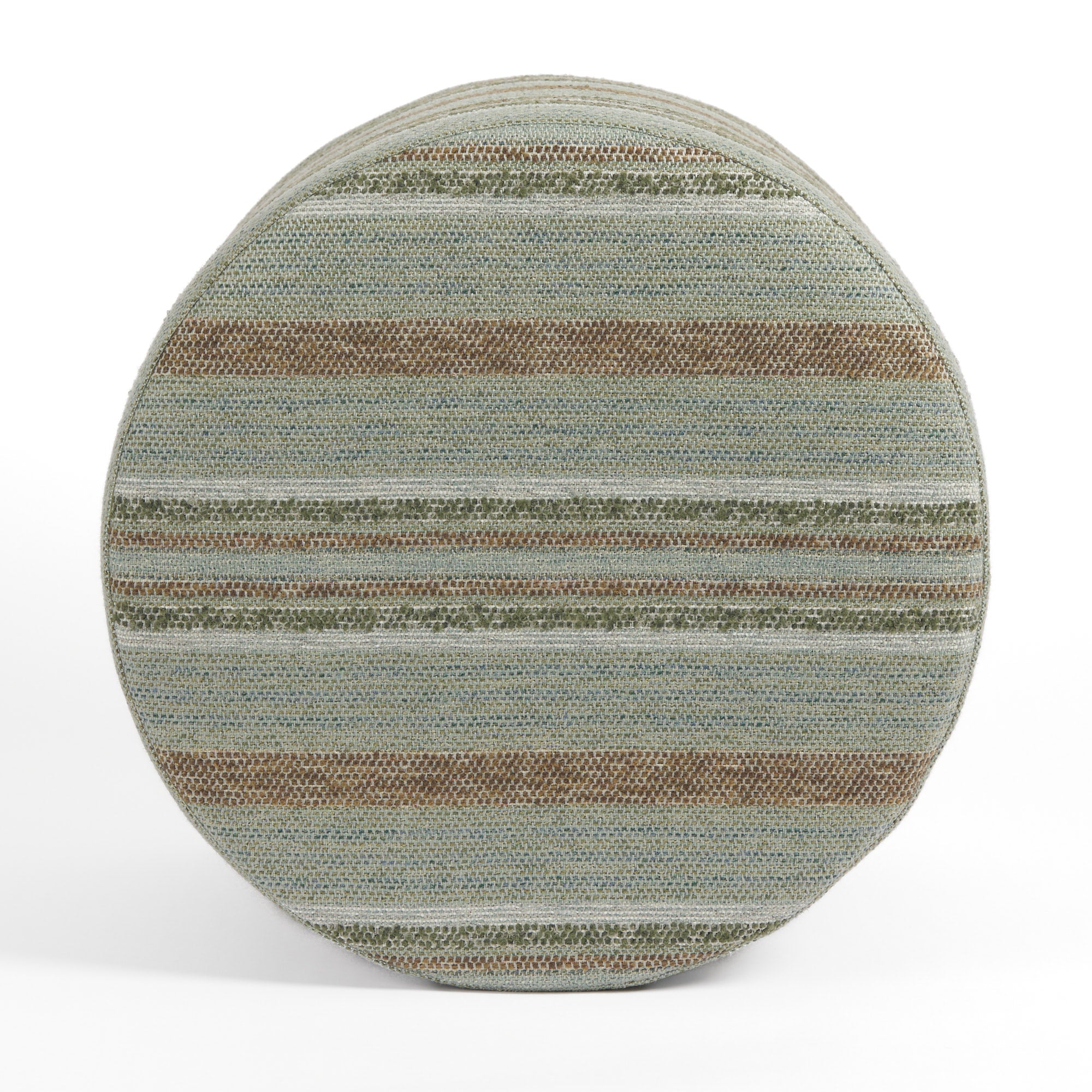 Top view of Tonic Living Indie Stripe round ottoman highlighting its green and teal layered stripe pattern.