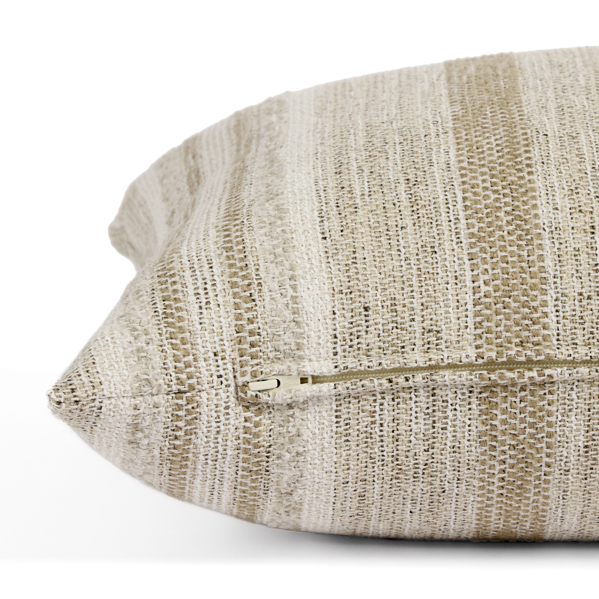 Side zipper detail of Tonic Living Indie Stripe 16x42 bolster pillow in soft beige and tonal stripe.