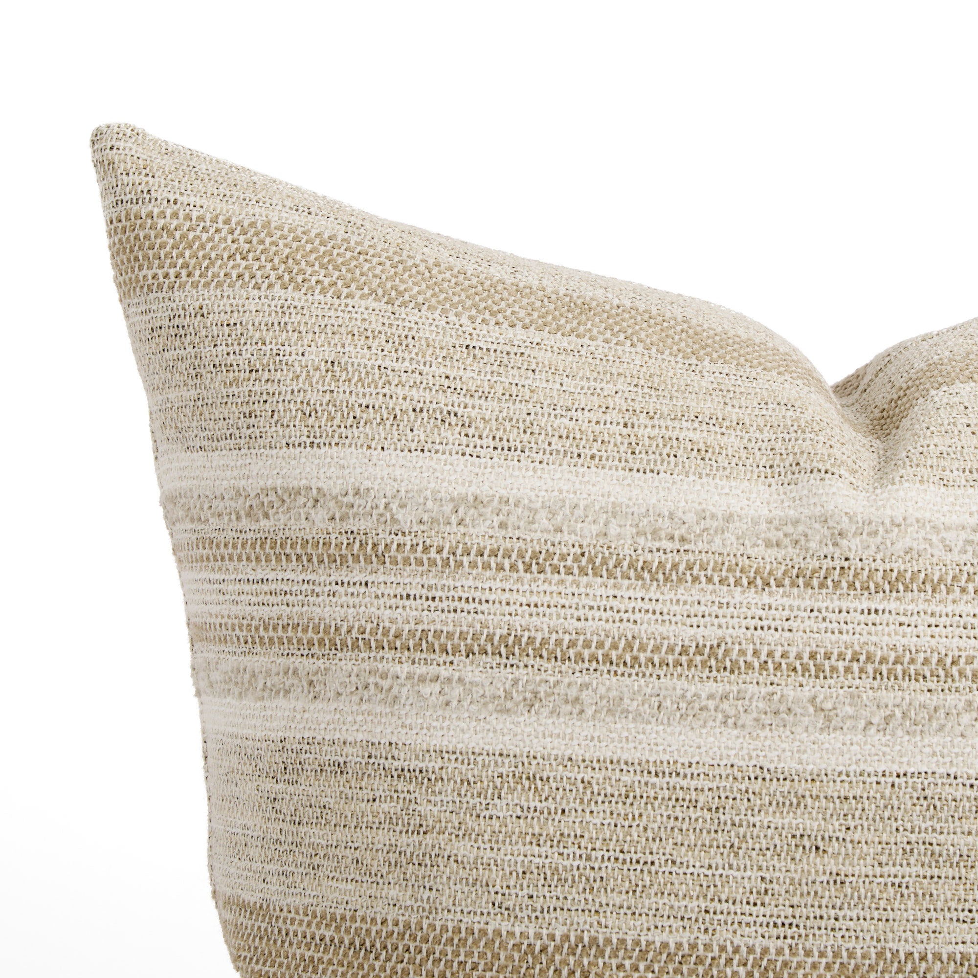 Close up of Tonic Living Indie Stripe pillow showing sand, taupe, oatmeal, and warm white stripes.