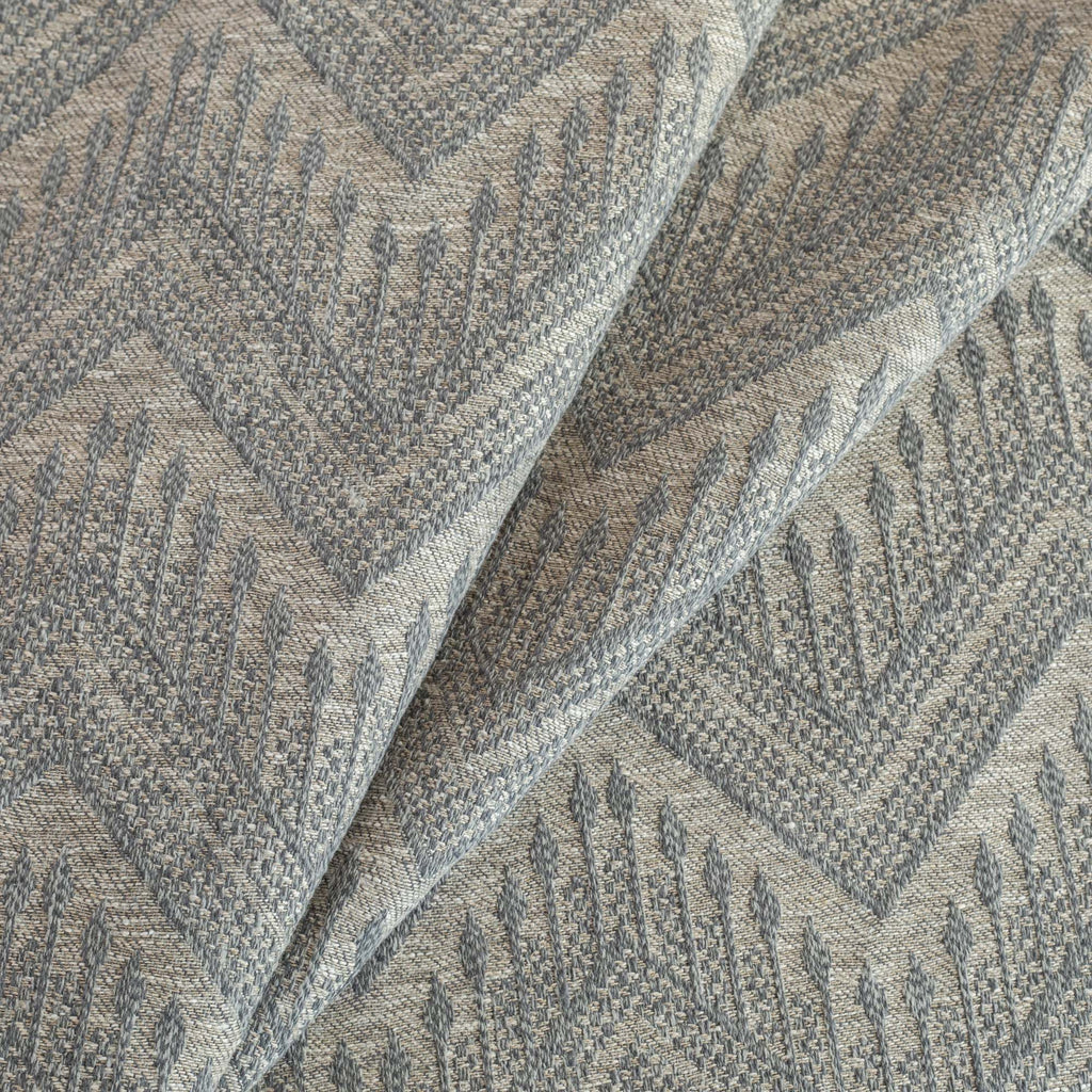a warm grey and stone blue tapestry woven upholstery fabric : close up view 2