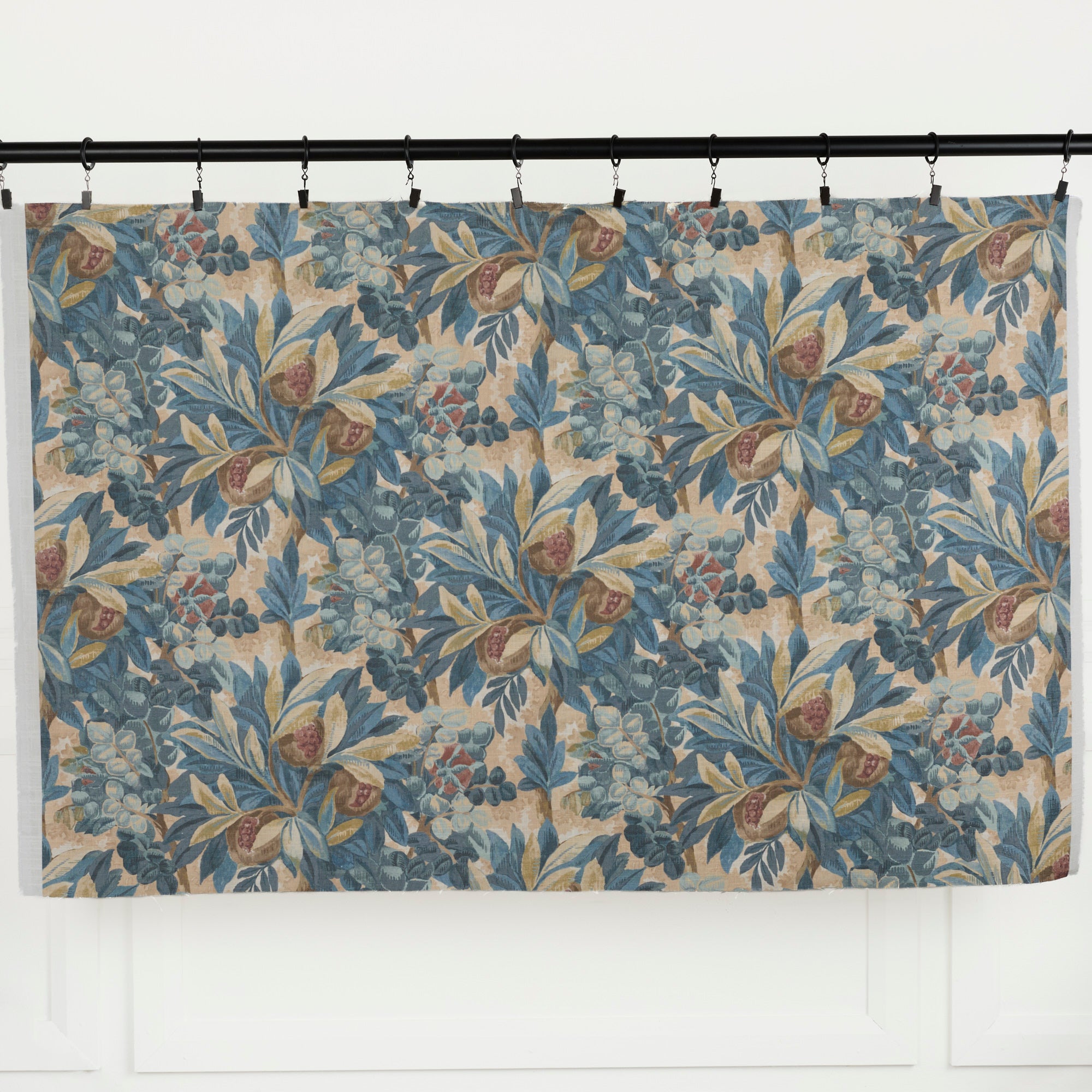 Full yard of Juno Fabric, Navy by Tonic Living — linen-blend drapery fabric with an expressive hand-painted floral pattern.