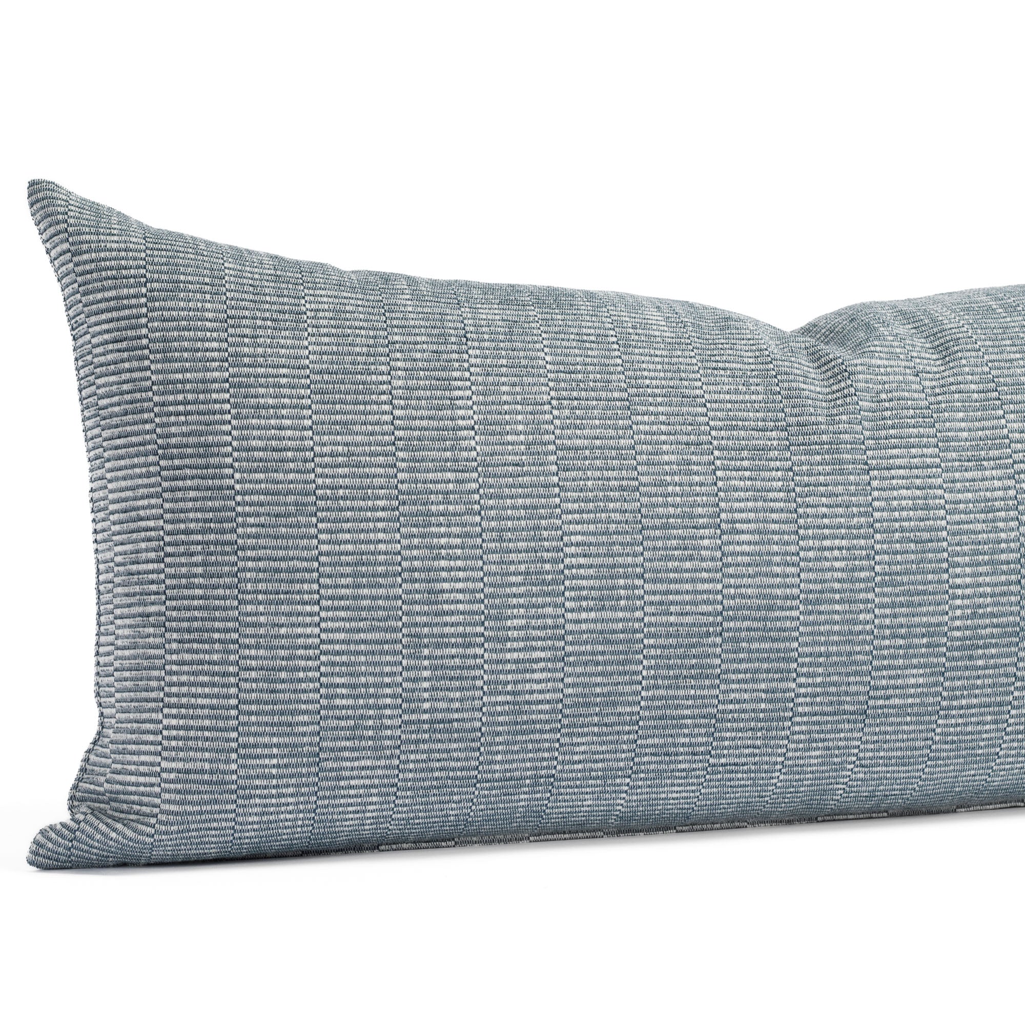 a blue and white textured stripe extra long lumbar throw pillow : close up view