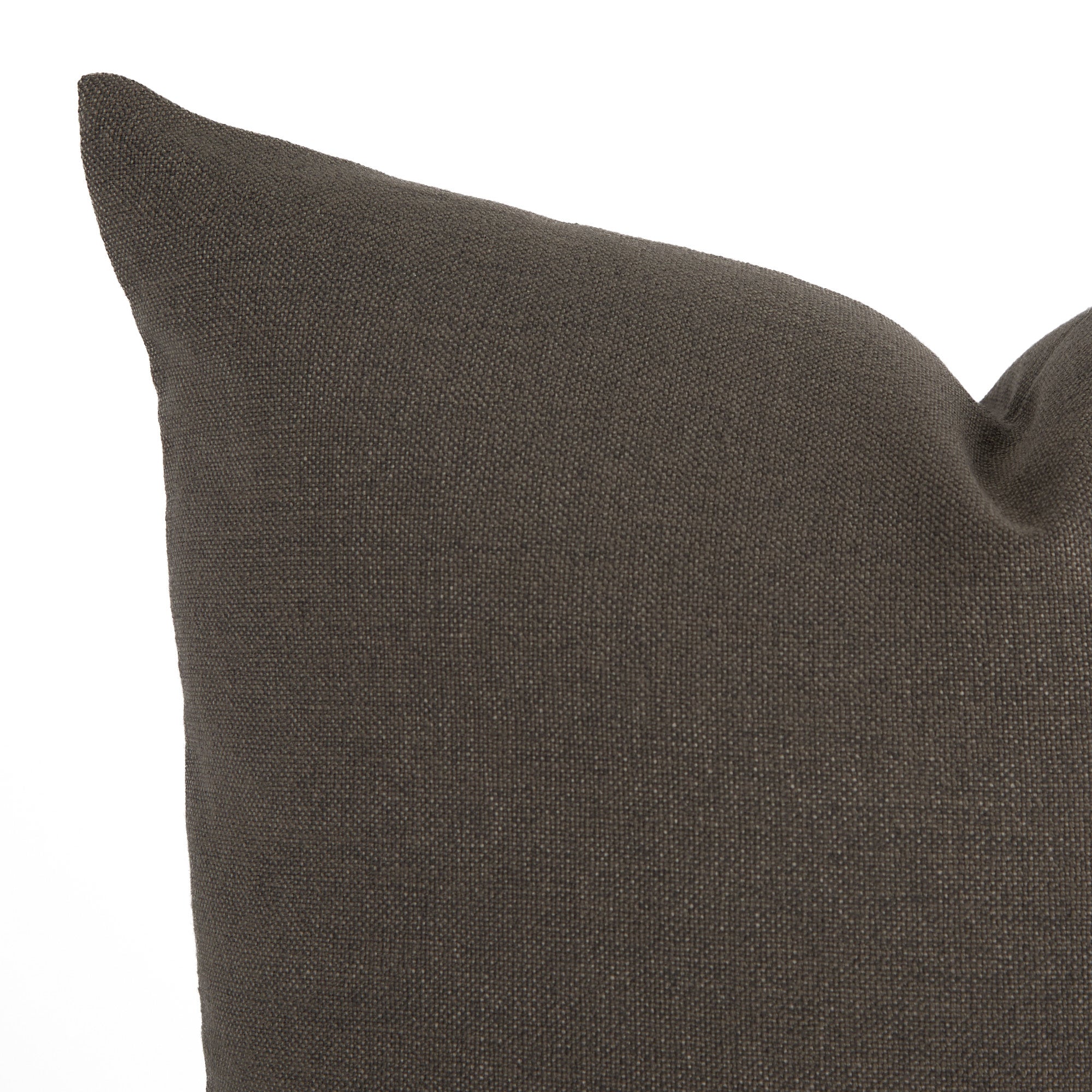 Close-up of Loden Mink throw pillow by Tonic Living — solid soft brown cushion with smoky grey undertones and a linen-look weave.
