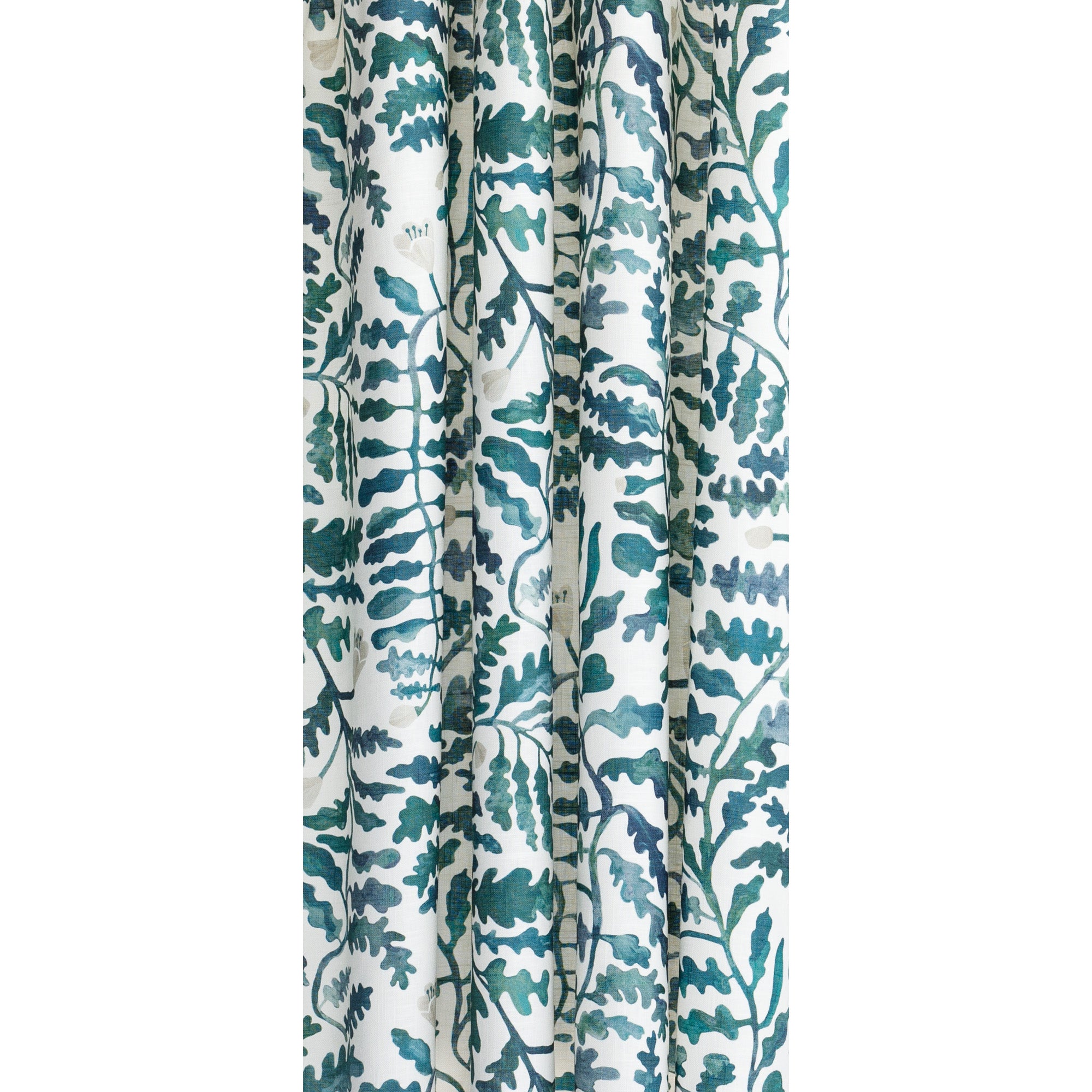 a teal and forest green and white leafy botanical linen blend drapery fabric
