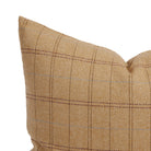 Close up of Tonic Living Lundie Plaid cushion showing caramel tan, blue, and chocolate brown plaid detail.