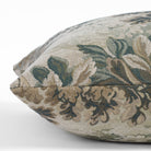 Side angle of Manor Tapestry Sage bed bolster pillow, extra long lumbar cushion in woven botanical tapestry.