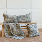 Tonic Living Manor Tapestry Sage collection styled together: 16x42 bolster pillow, 20x20 pillow, and fabric.