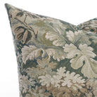 Close up of Manor Tapestry Sage accent pillow showing intricate woven botanical tapestry detail.
