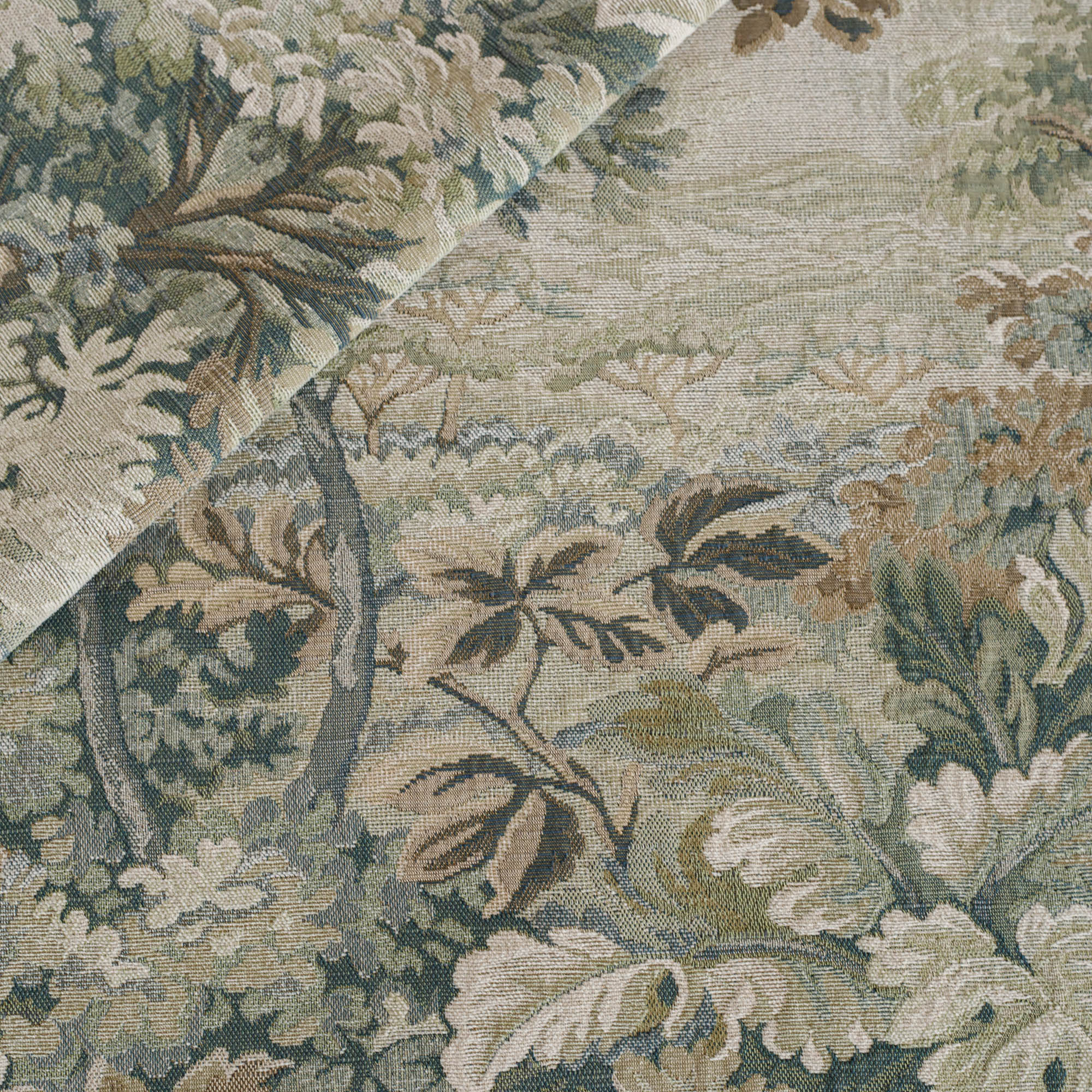 Tonic Living Manor Tapestry Moss upholstery fabric with antique forest design in moss green.