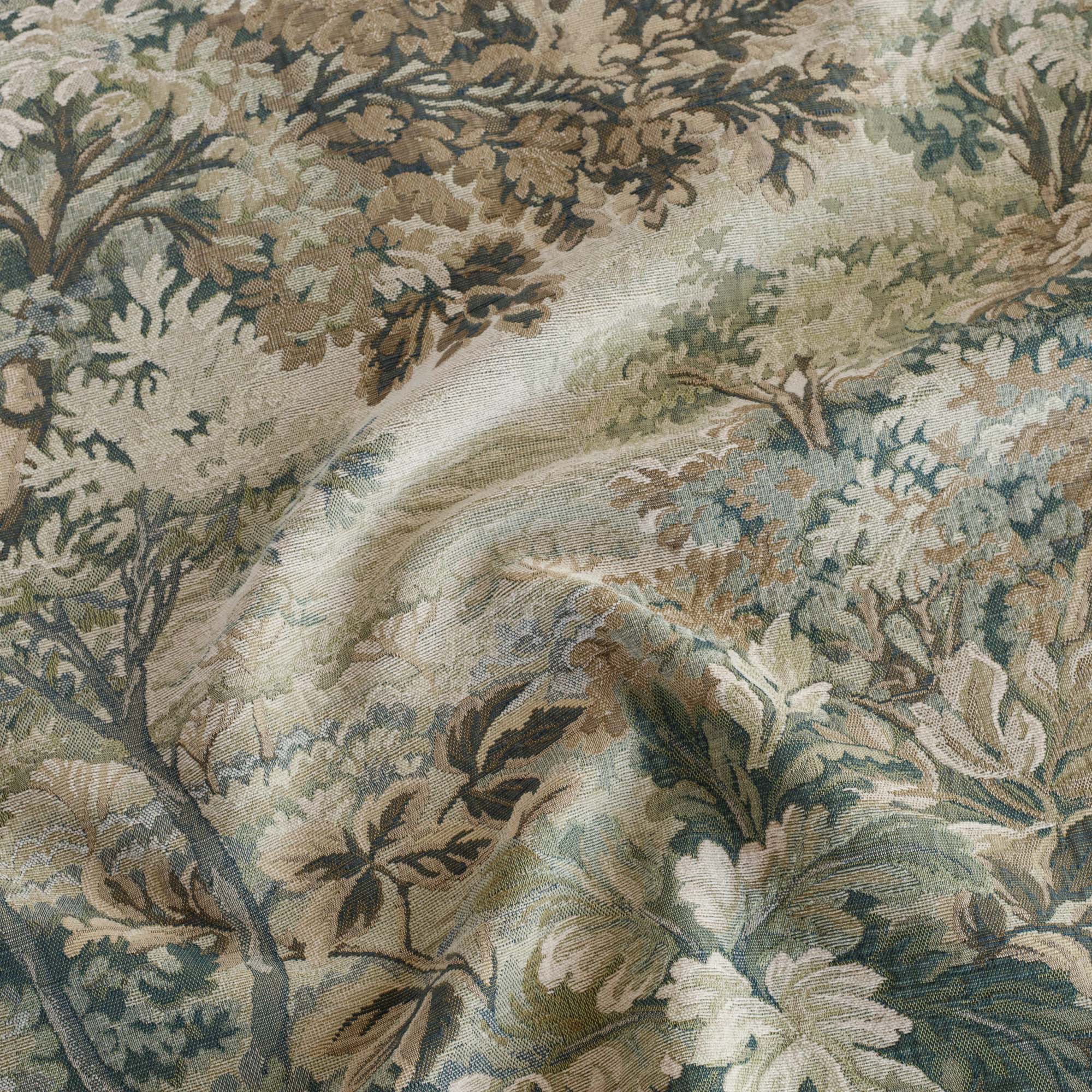 Tonic Living Manor Tapestry Moss upholstery fabric with antique French-inspired forest pattern.