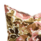Close up of Tonic Living Marbella Rose pillow showing abstract florals in burgundy, dusty rose, deep brown, olive, khaki, and soft white.