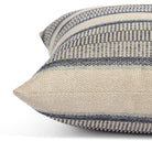 Side view of Tonic Living Miller Stripe Denim decorative pillow highlighting its layered blue and beige banded stripe pattern.