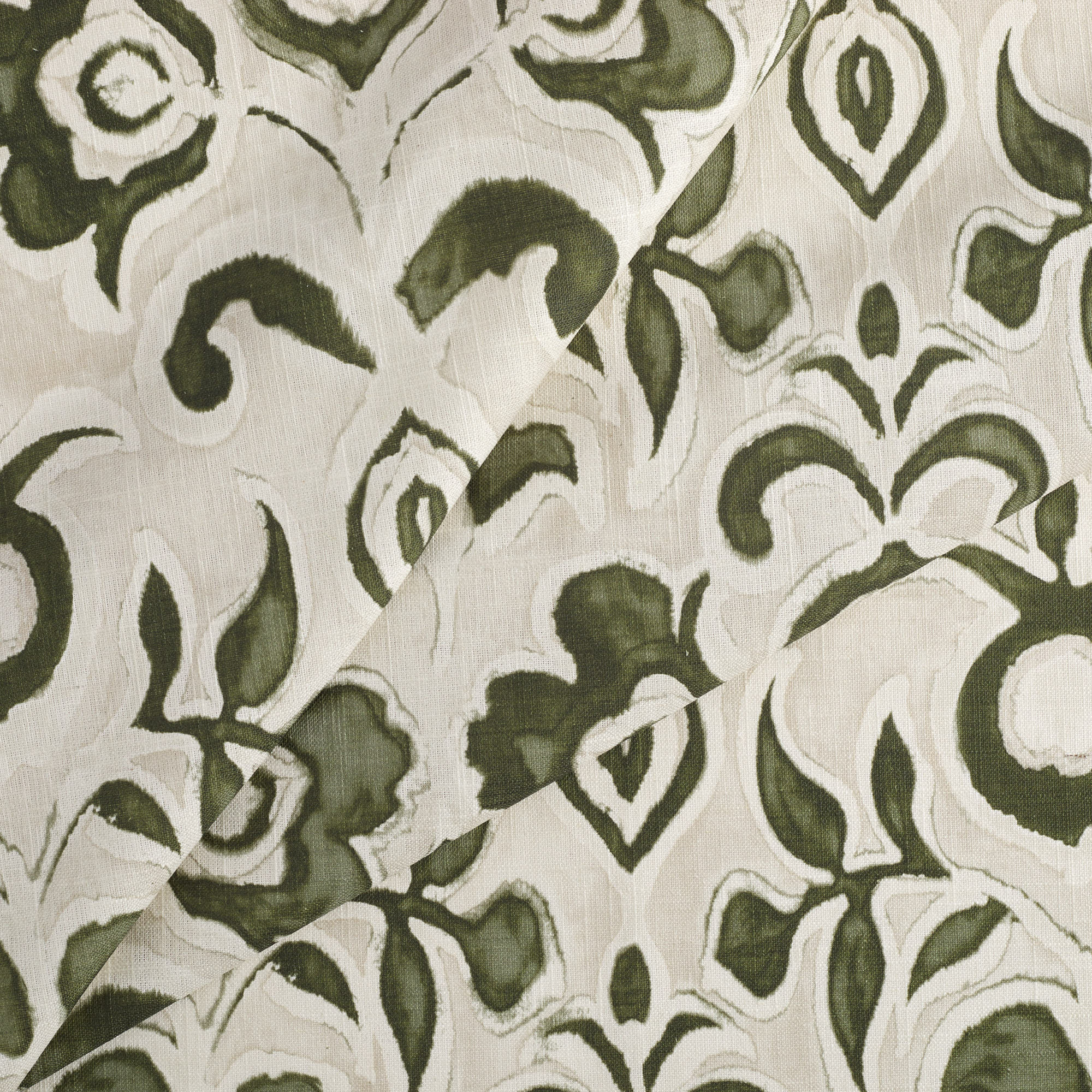 Tonic Living Paloma Fabric in Olive, an earthy green and oatmeal floral curtain fabric with a large-scale painterly botanical design.
