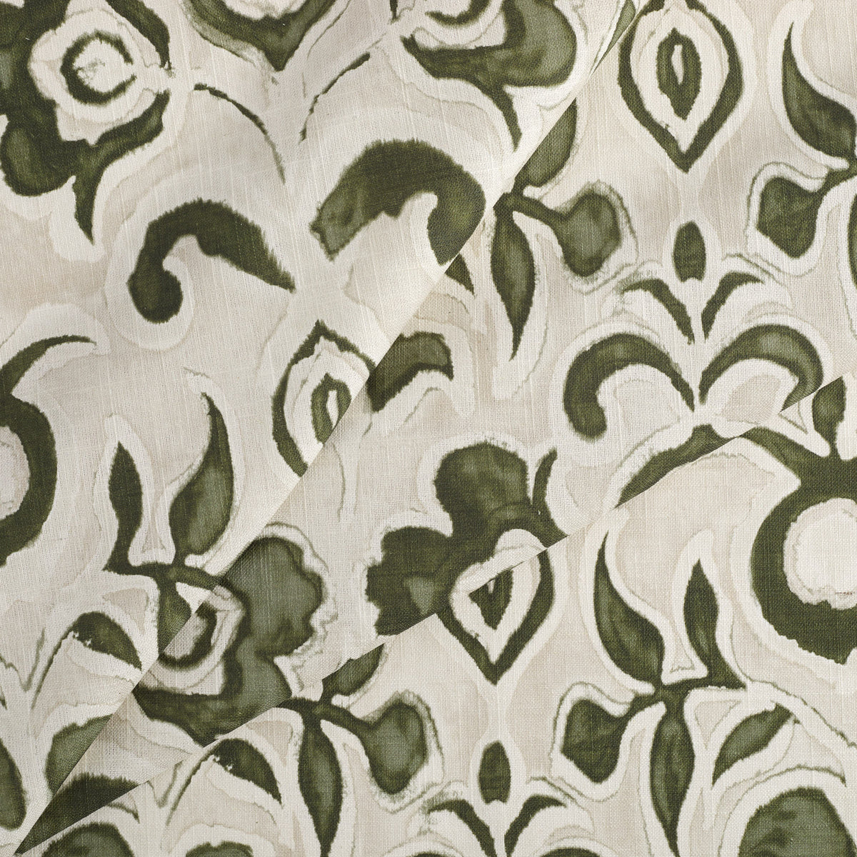 Tonic Living Paloma Fabric in Olive, an earthy green and oatmeal floral curtain fabric with a large-scale painterly botanical design.