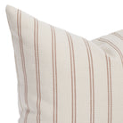 Close up of Tonic Living Rexton Stripe Merlot accent pillow showing ticking stripes in wine red and oatmeal beige tones.