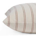 Side angle of Tonic Living Rexton Stripe Merlot toss cushion, a versatile bed pillow in deep red and beige ticking stripes.