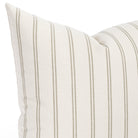 Close up of Tonic Living Rexton Stripe Moss accent pillow showing small-scale ticking stripes in olive green and beige.