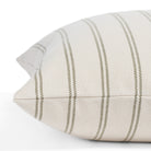 Side angle of Tonic Living Rexton Stripe Moss 20x20 toss cushion, a versatile bed pillow in green and beige ticking stripes.