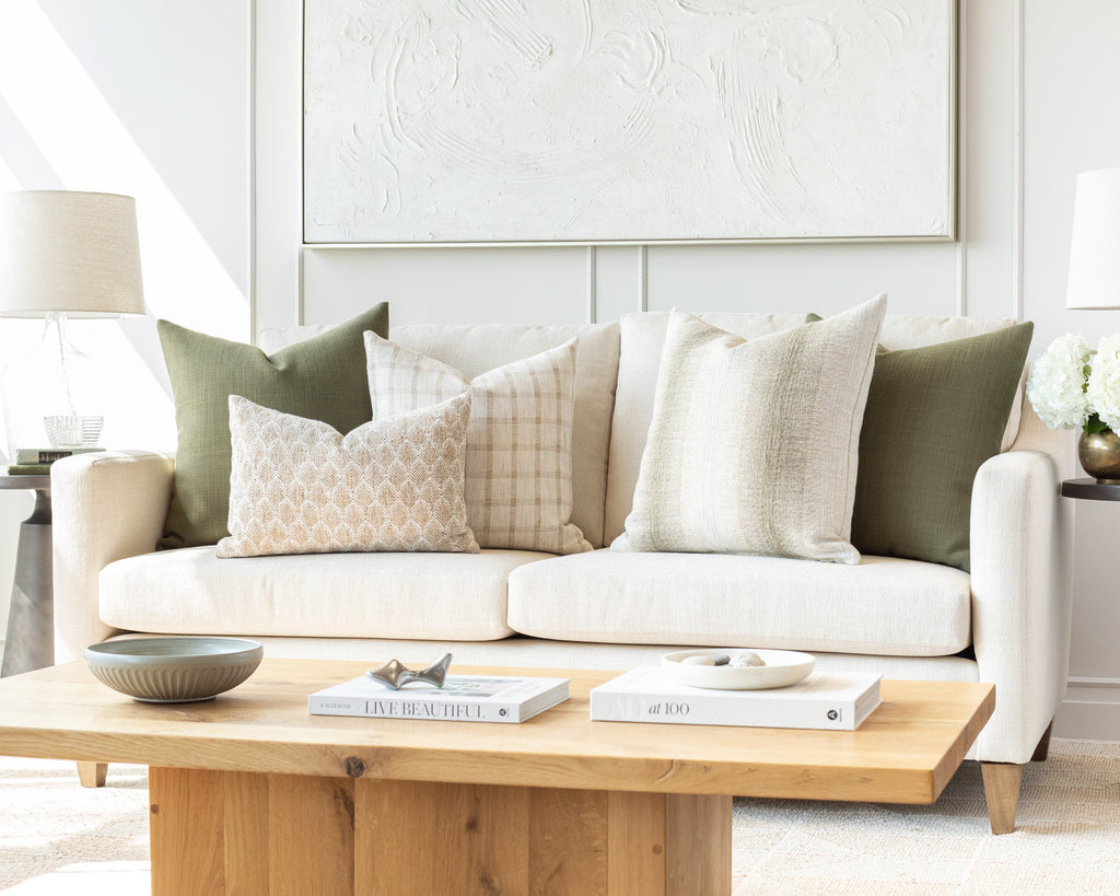 Neutral and Moss Sofa Pillow Pairing: a combination of cream, flax and mossy green pillows