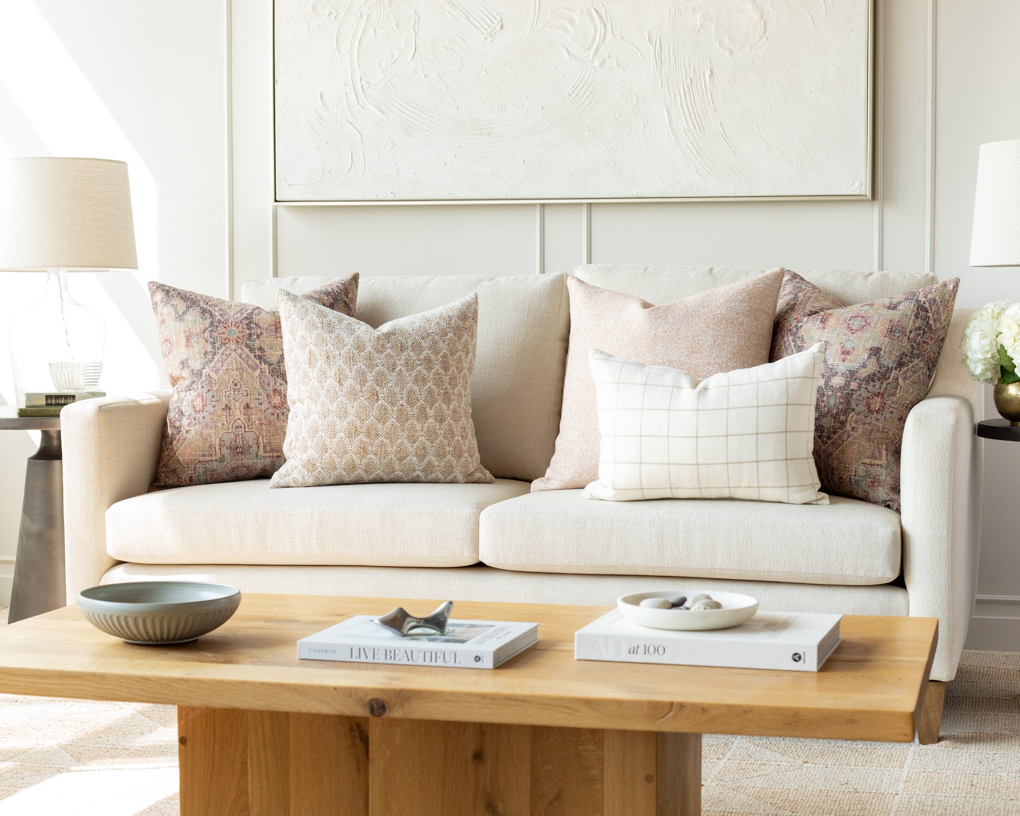 Earthy Pink and Cream Sofa Pillow Pairing