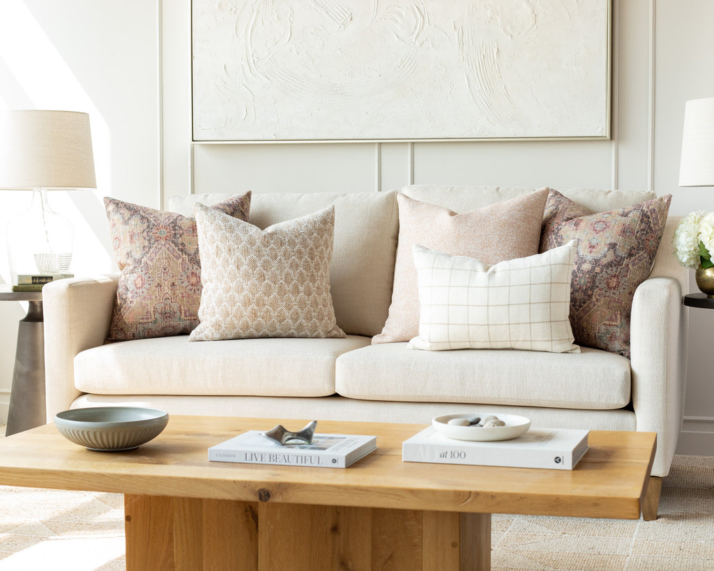 Earthy Pink and Cream Sofa Pillow Pairing: a combination of pinks, flax and cream throw pillows