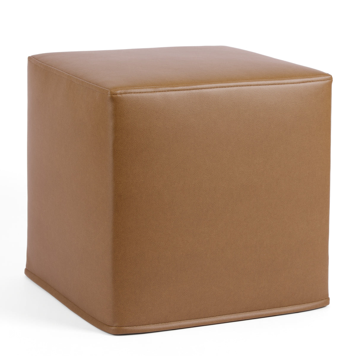 Tonic Living Smythe Faux Leather Cube Ottoman in Saddle, a saddle brown upholstered ottoman with a natural leather look.