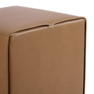 Bottom view of Tonic Living Smythe Saddle faux leather cube ottoman showing the concealed zipper and brown upholstery.
