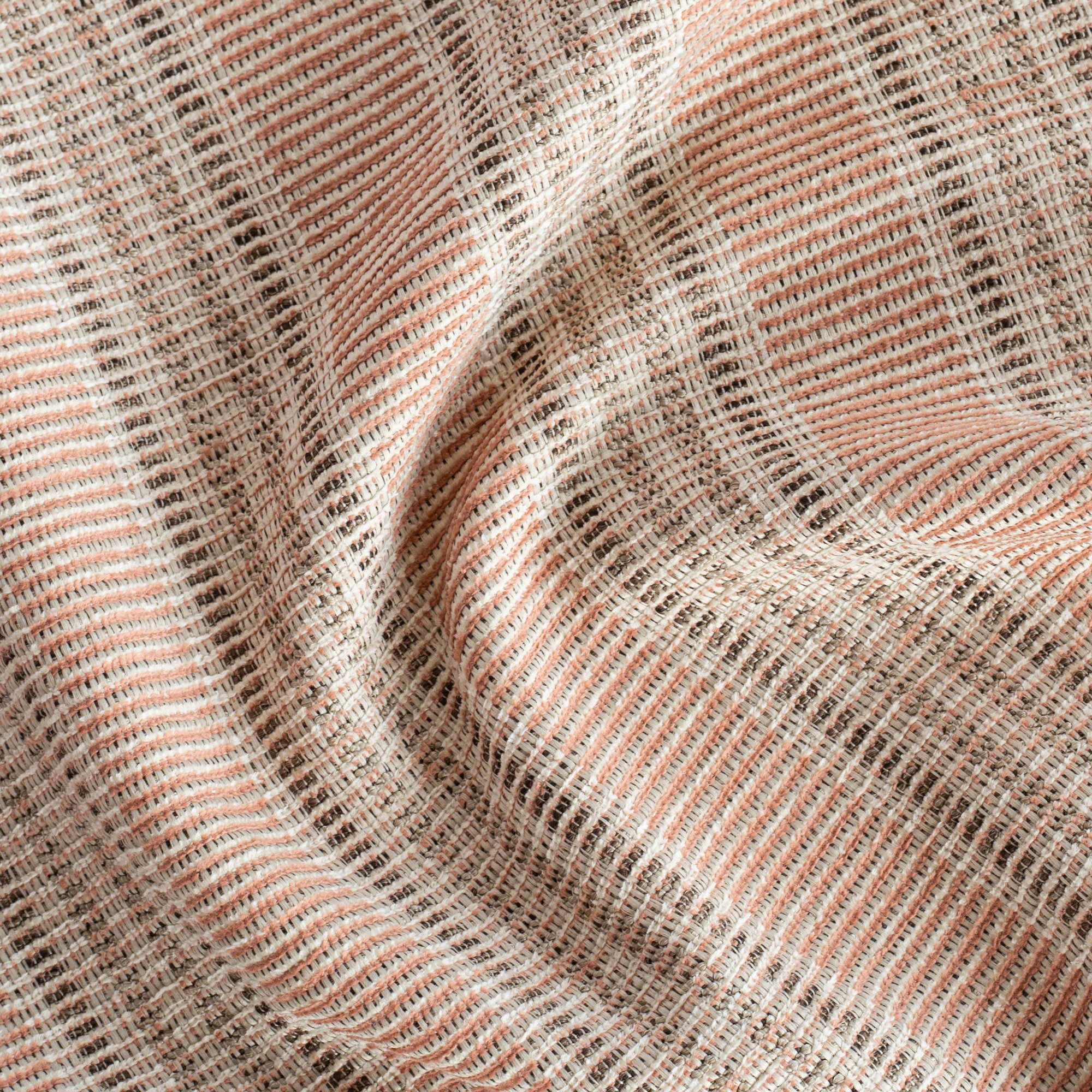 an earthy terracotta pink, brown and sand striped outdoor fabric : close up view 2