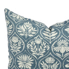 Close up of Tonic Living Stella Harbour Blue cushion showing slate blue, beige, and natural floral medallion detail.
