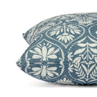 Side view of Tonic Living Stella Harbour Blue decorative pillow highlighting its floral block print medallion pattern.