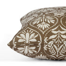 Side view of Tonic Living Stella Mocha decorative pillow highlighting its floral block print medallion pattern.