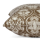 Side zipper detail of Tonic Living Stella 20x20 throw pillow in brown and natural floral print.