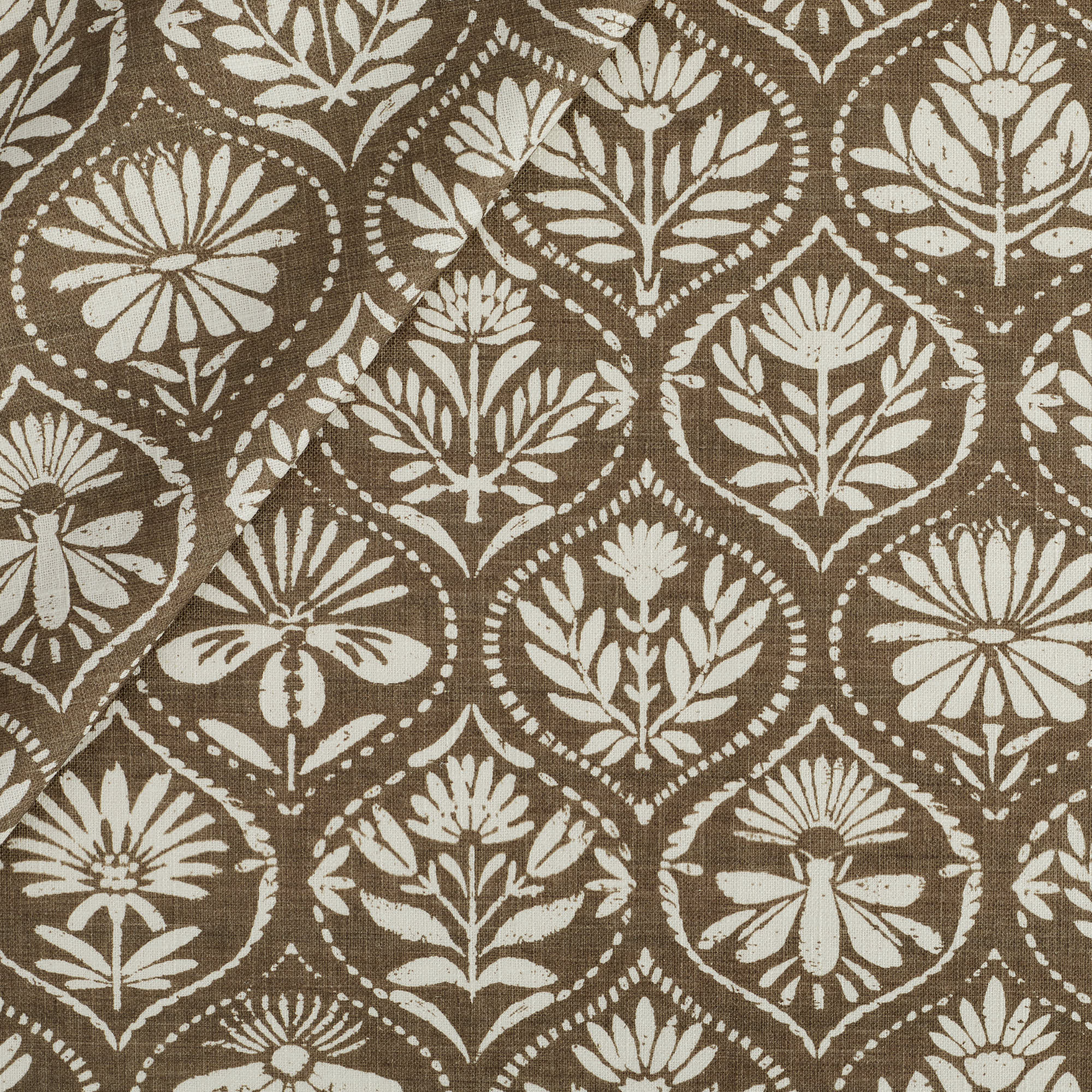 Tonic Living Stella Fabric in Mocha, a mocha brown and natural drapery fabric with block print medallion pattern.