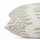Close up of Tonic Living Swoon Sage cushion highlighting its soft woven texture and botanical stripe.