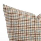 Close up of Vesper Plaid houndstooth decorative cushion in beige, chambray blue, and cinnamon by Tonic Living