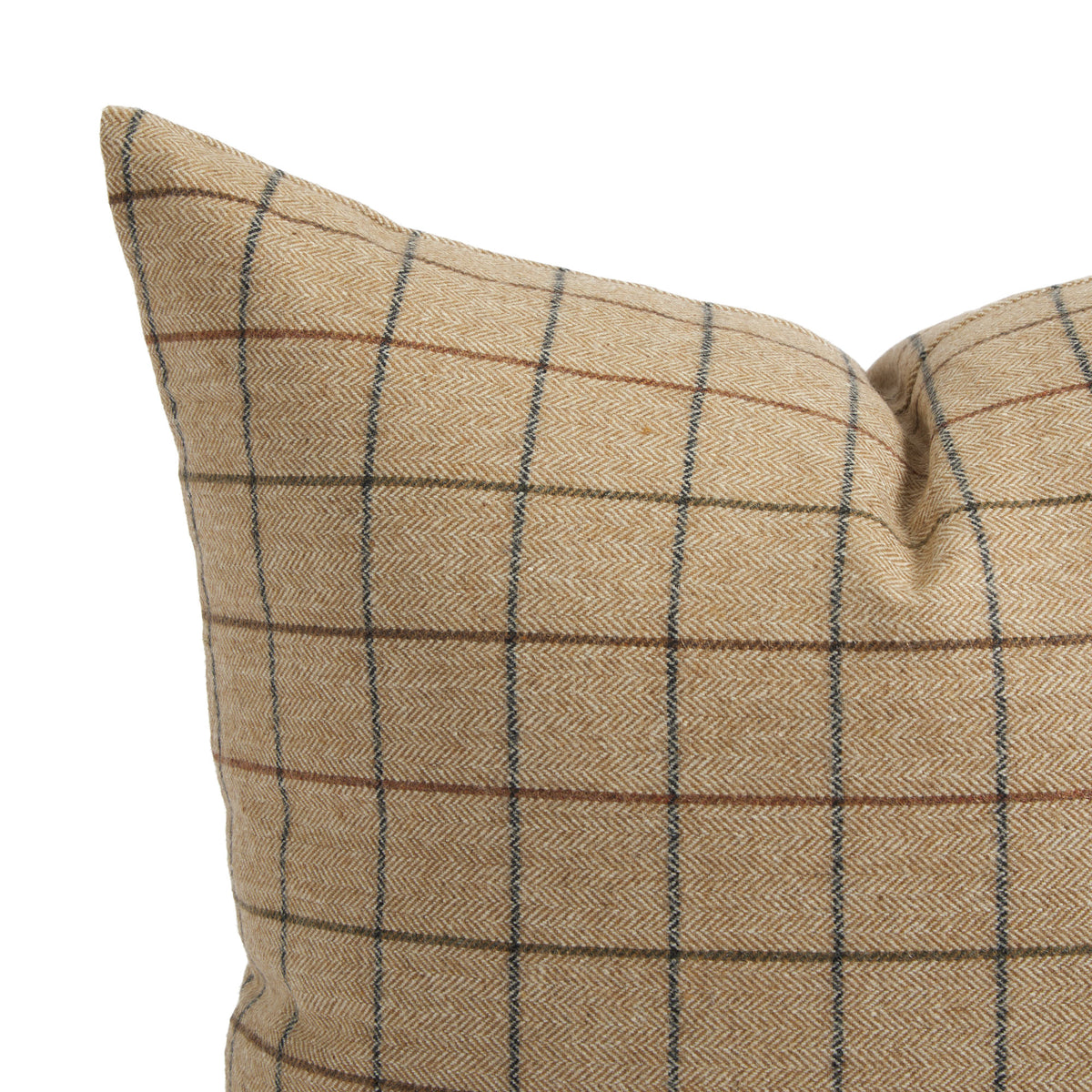 Close up of Tonic Living Walker Plaid Camel pillow showing brown and navy windowpane lines with a fine herringbone weave.