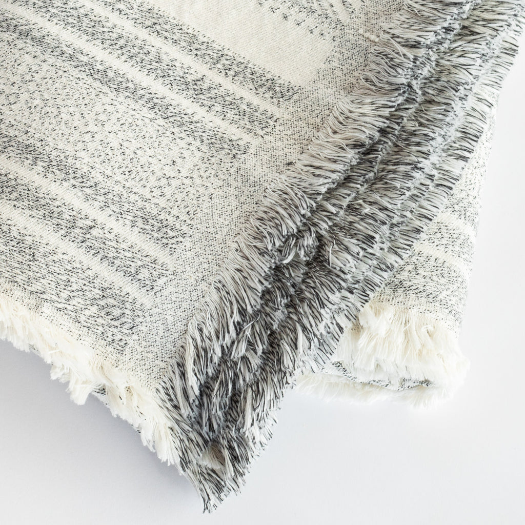 a cream and black wabi sabi striped throw blanket : close up view of fringe