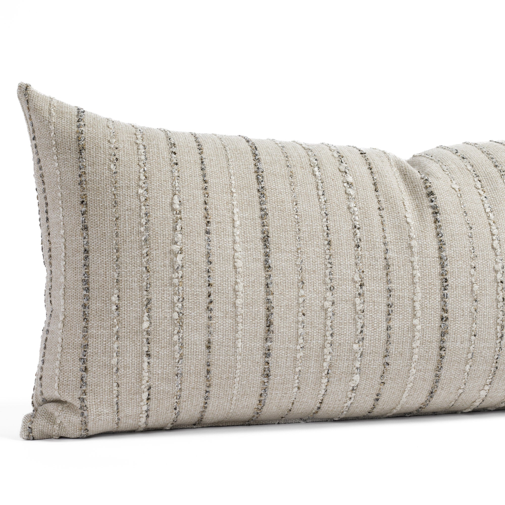 a neutral earth toned striped extra long lumbar pillow : close up view