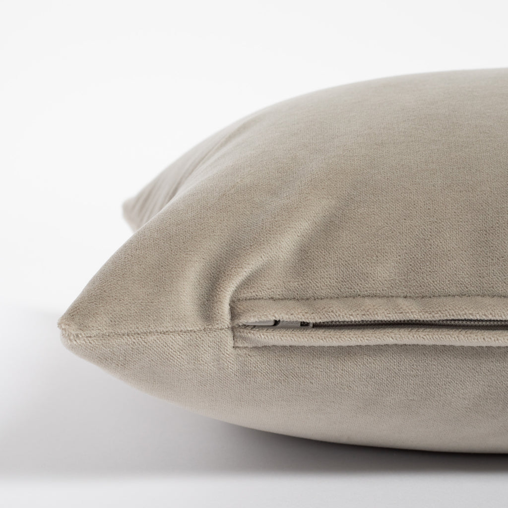 Mason velvet 12x24 lumbar pillow, a mid grey velvet pillow : close up zipper view